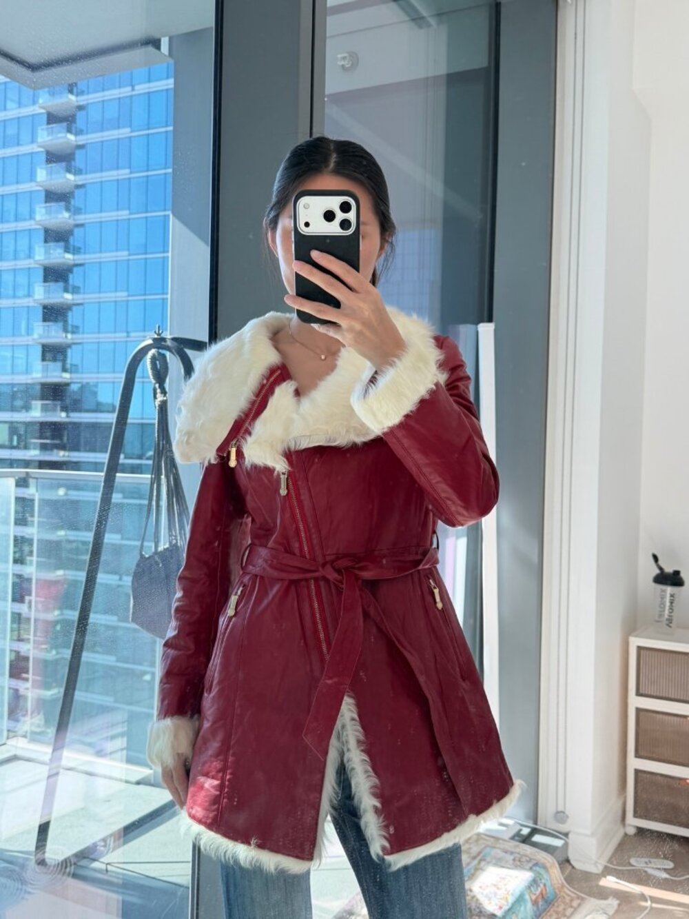 Burgundy Leather Coat with White Fur Trim – Belted Winter Jacket – Size S